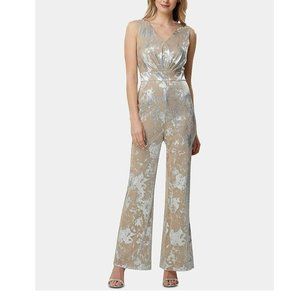 Tahari ASL Metallic Jumpsuit Champange Silver 12